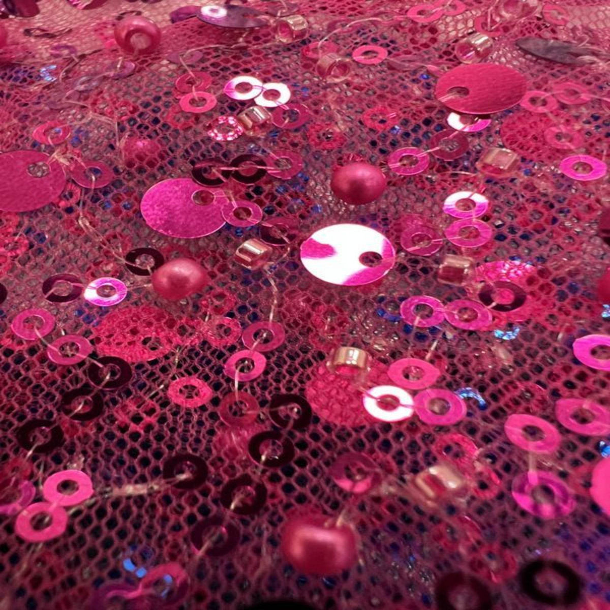 Soft Tulle Mesh Fabric Heavily Embellished with Sequins, Beads & Pearls - 52 Inch in Width Magenta Fabrics Star