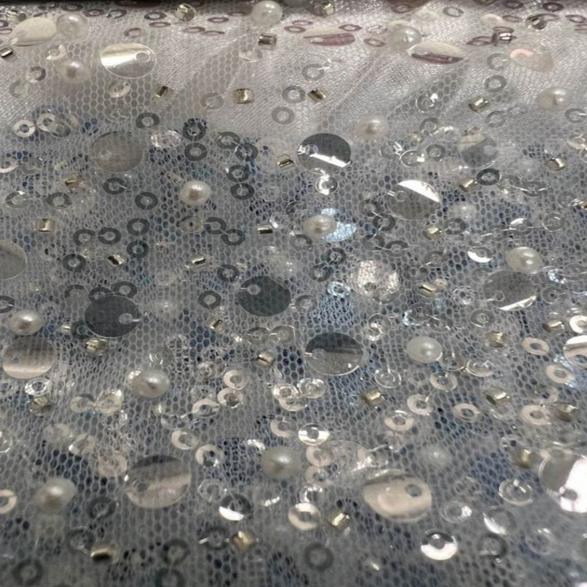 Soft Tulle Mesh Fabric Heavily Embellished with Sequins, Beads & Pearls - 52 Inch in Width White Fabrics Star