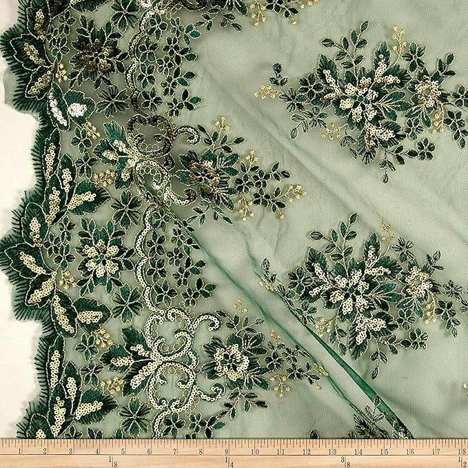 Rowley Sequin Embroidered Mesh Fabric. Lace Netting Material - 52 Inch in Width | Home Decor Pine Green Gold Fabrics Star