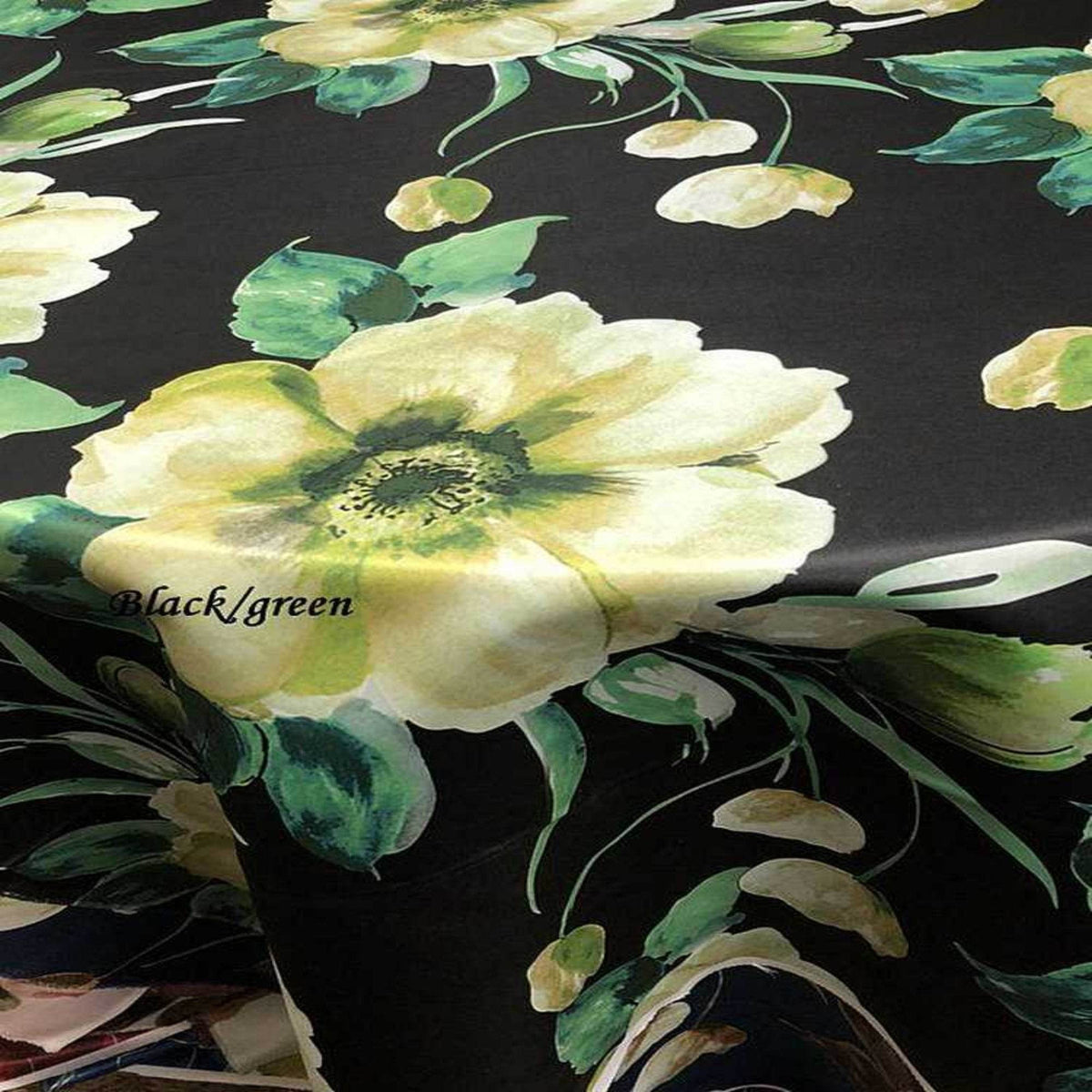 TROPICAL Floral Digital Print Satin Fabric - Cotton Hand - 58 Inch. in Width, | Home Decor Green Black Fabrics Star