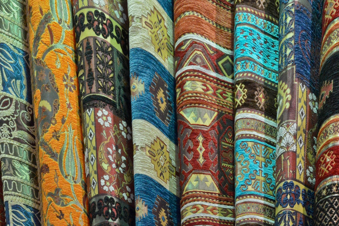 blue orange and yellow textiles