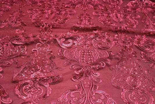 AINSLEY Embroidered Sheer Sequin Fabric, 54 Inch. in Width Burgundy Fabrics Star