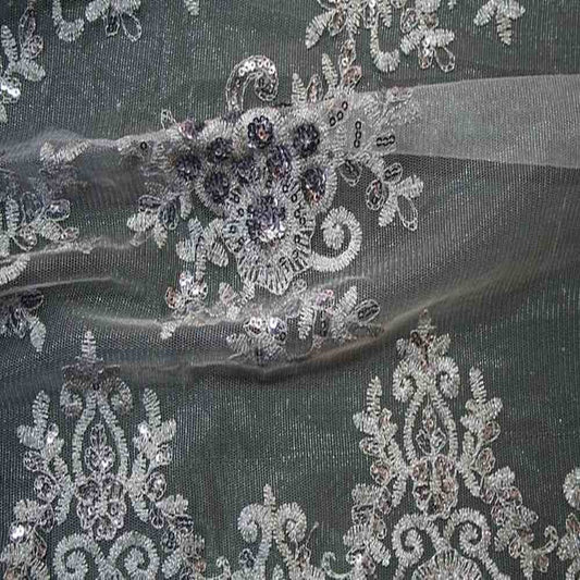 Bristol Glitter Sequin Embroidered Lace Fabric. 54 Inch in Width | Home Decor Dull Silver Fabrics Star