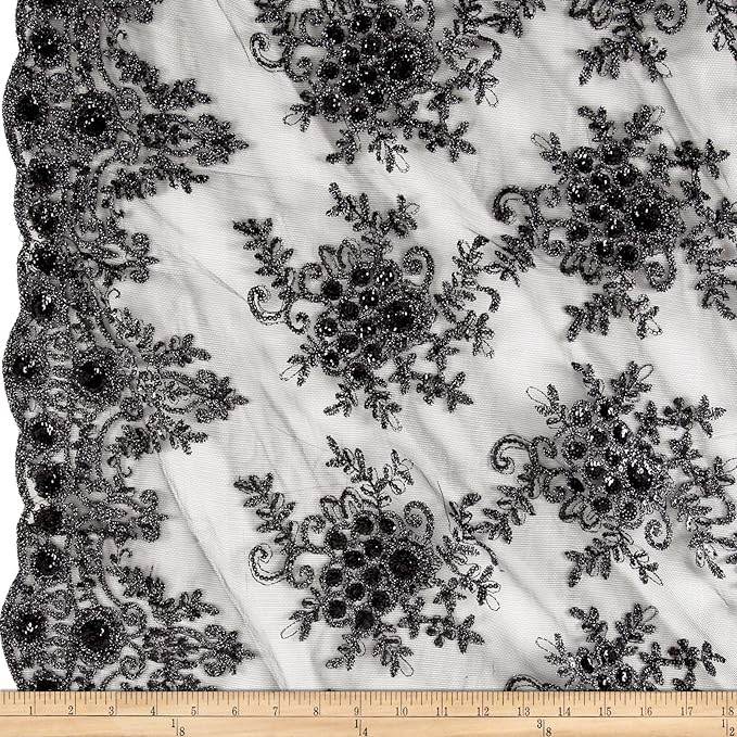 Bristol Glitter Sequin Embroidered Lace Fabric. 54 Inch in Width | Home Decor Black Fabrics Star
