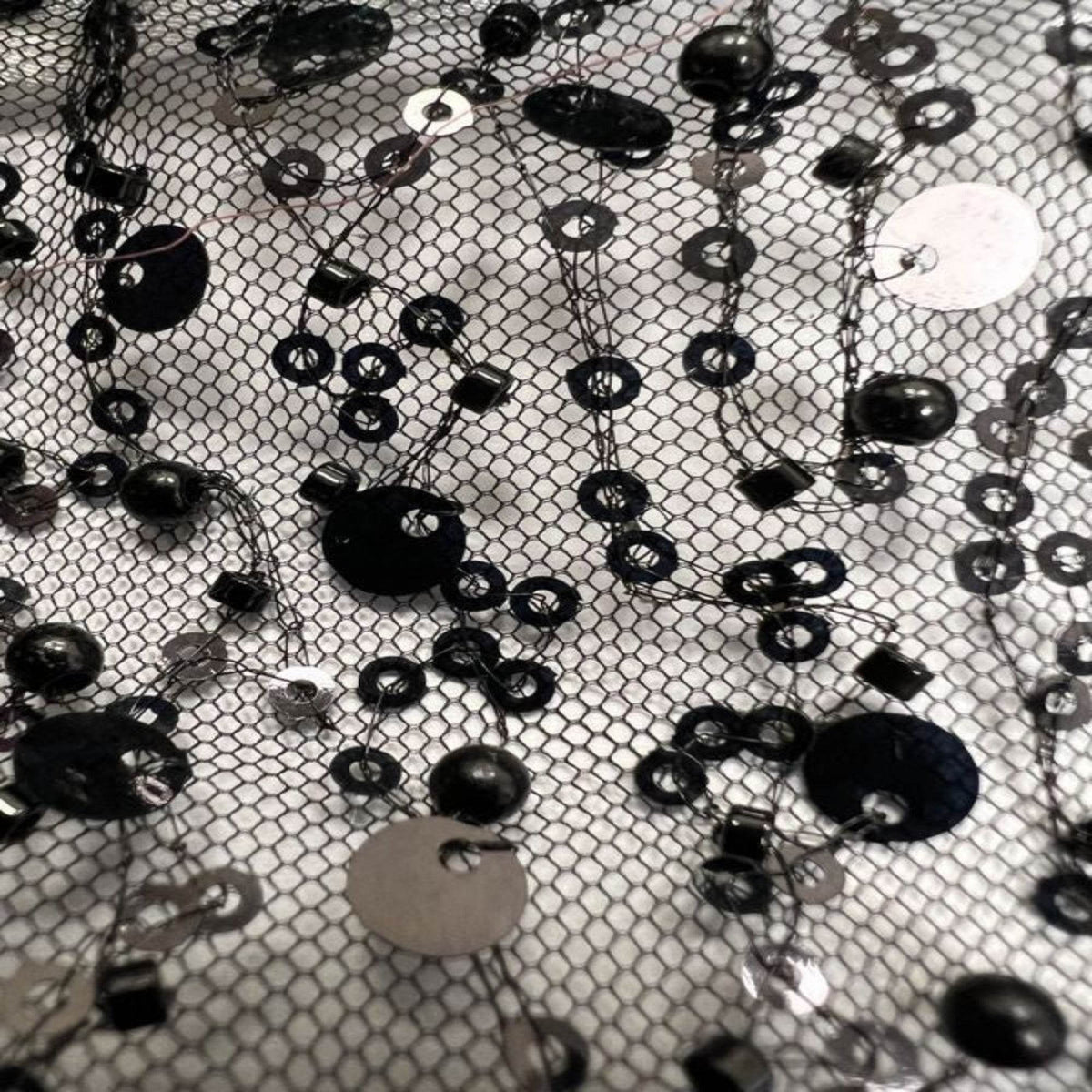 Soft Tulle Mesh Fabric Heavily Embellished with Sequins, Beads & Pearls - 52 Inch in Width Black Fabrics Star