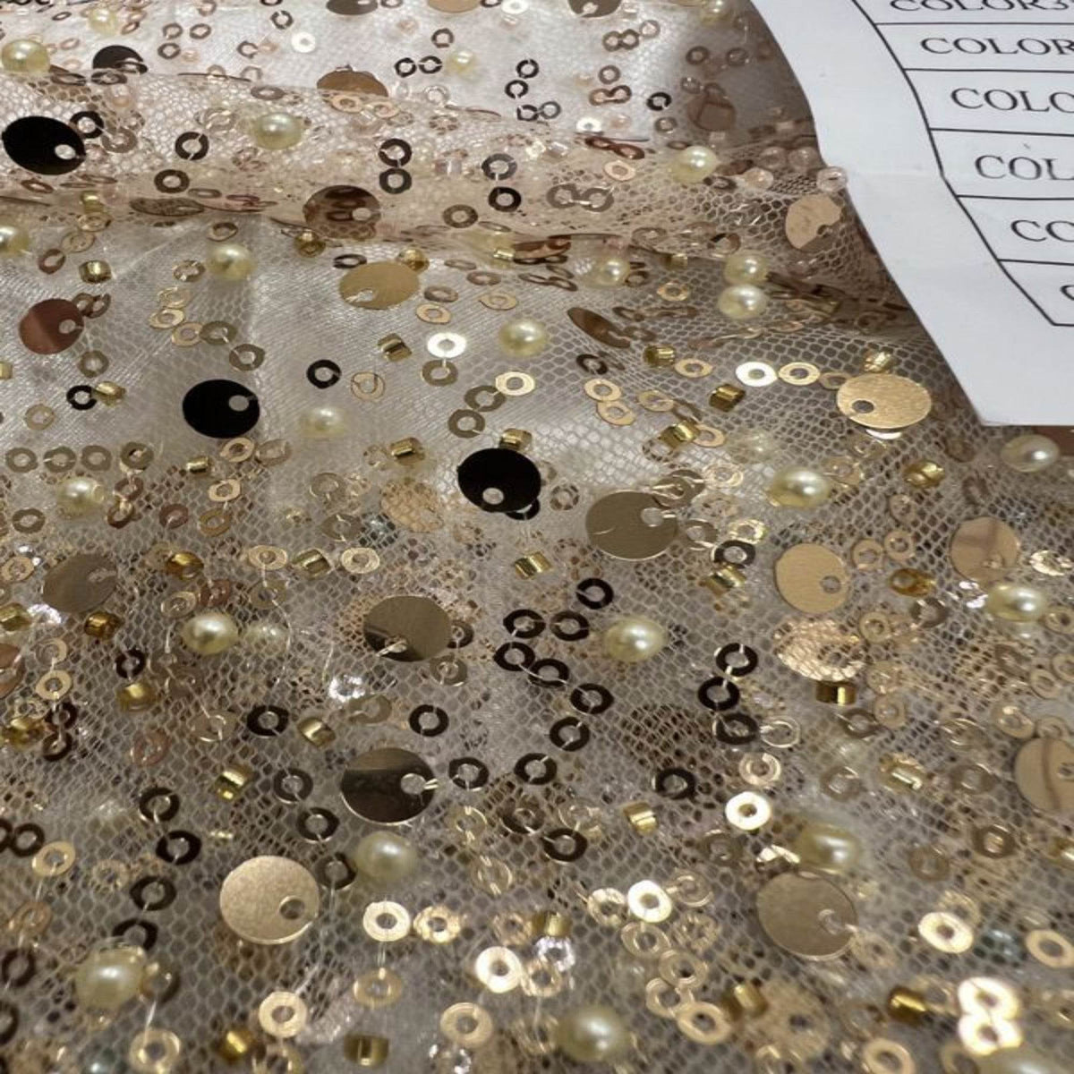 Soft Tulle Mesh Fabric Heavily Embellished with Sequins, Beads & Pearls - 52 Inch in Width Champagne Fabrics Star