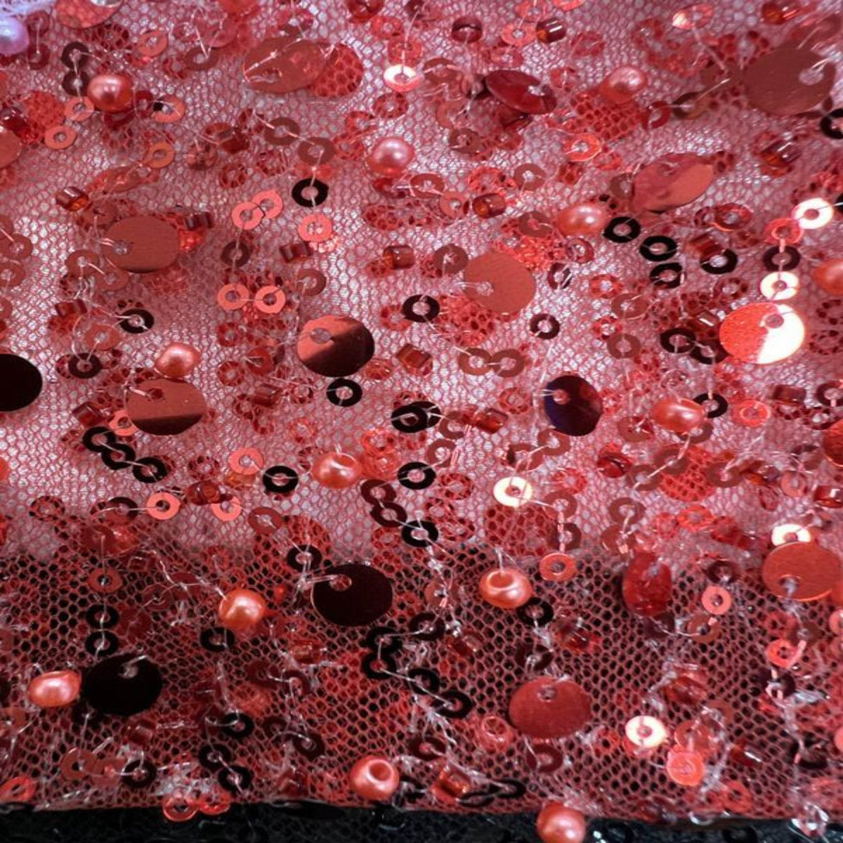 Soft Tulle Mesh Fabric Heavily Embellished with Sequins, Beads & Pearls - 52 Inch in Width Red Fabrics Star