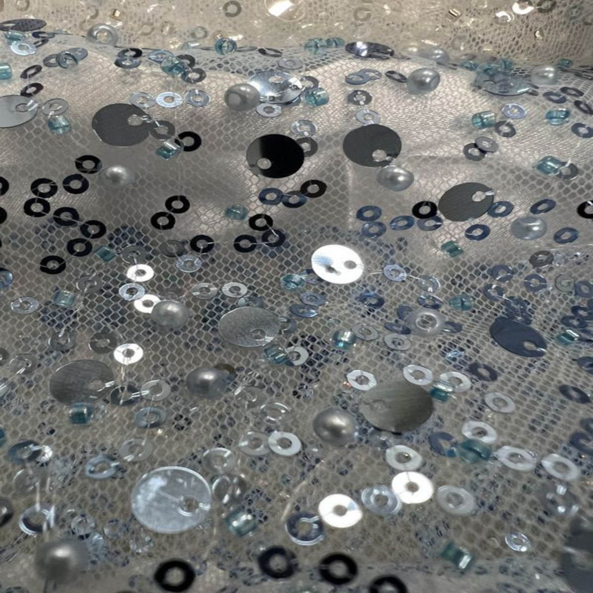 Soft Tulle Mesh Fabric Heavily Embellished with Sequins, Beads & Pearls - 52 Inch in Width Slate Blue Fabrics Star