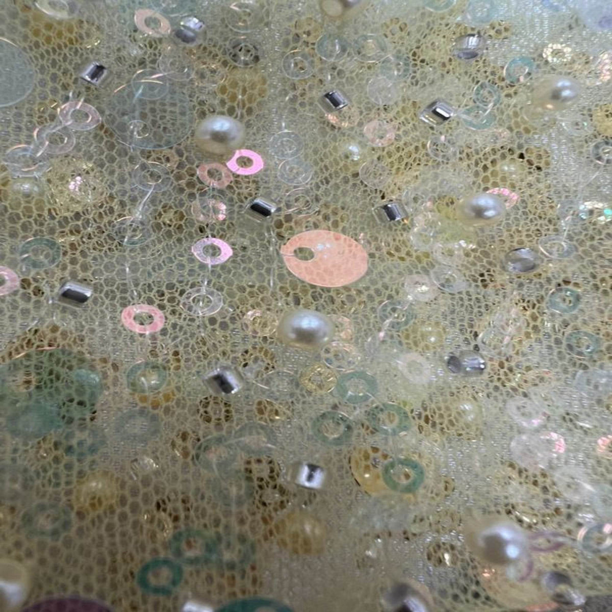 Soft Tulle Mesh Fabric Heavily Embellished with Sequins, Beads & Pearls - 52 Inch in Width Yellow Fabrics Star