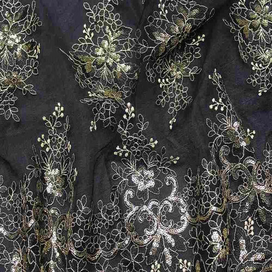 Rowley Sequin Embroidered Mesh Fabric. Lace Netting Material - 52 Inch in Width | Home Decor Black Gold Fabrics Star