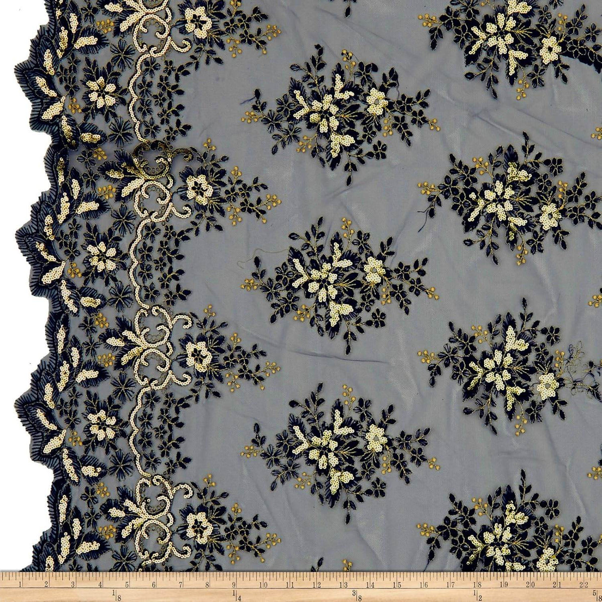 Rowley Sequin Embroidered Mesh Fabric. Lace Netting Material - 52 Inch in Width | Home Decor Navy Gold Fabrics Star