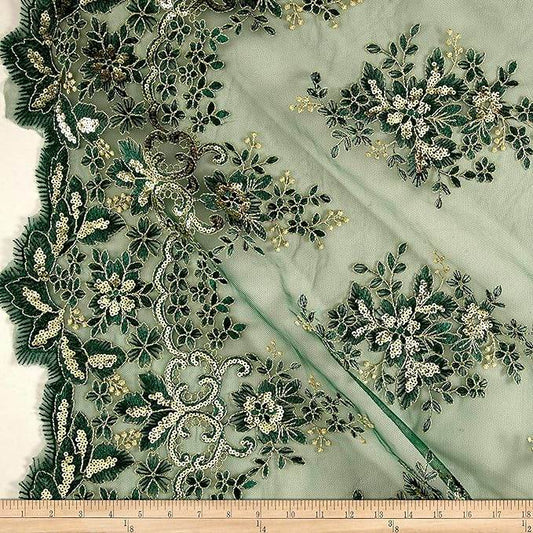 Rowley Sequin Embroidered Mesh Fabric. Lace Netting Material - 52 Inch in Width | Home Decor Pine Green Gold Fabrics Star