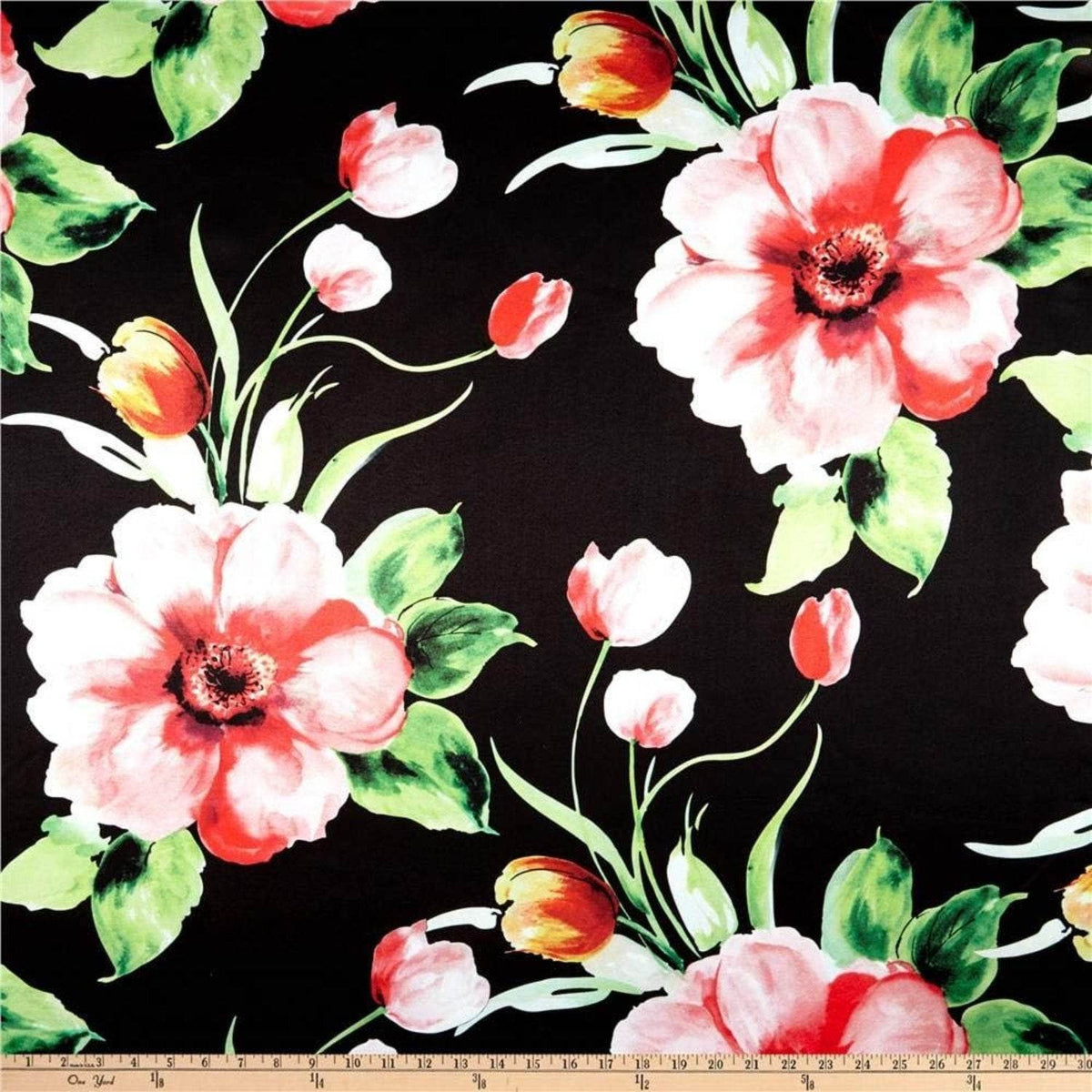 TROPICAL Floral Digital Print Satin Fabric - Cotton Hand - 58 Inch. in Width, | Home Decor Rose Black Fabrics Star