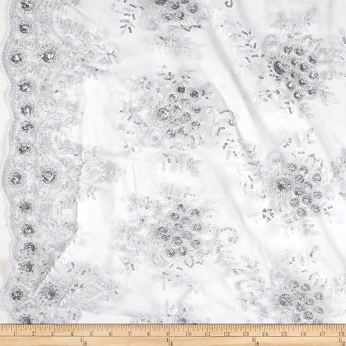 Bristol Glitter Sequin Embroidered Lace Fabric. 54 Inch in Width | Home Decor White Fabrics Star